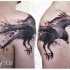 Illustrative style colored shoulder tattoo of flying crow