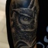 Illustrative style colored shoulder tattoo of amazing owl