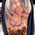 Illustrative style colored shoulder tattoo of seductive woman with horses