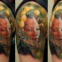 Illustrative style colored shoulder tattoo on tribe woman