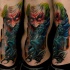 Illustrative style colored side tattoo od Batman with Joker and city