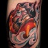 Illustrative style colored tattoo of Asian doll with fog