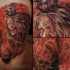Illustrative style colored thigh tattoo of mystic witch with bloody skull