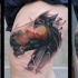 Illustrative style colored thigh tattoo of interesting looking horse
