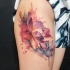 Illustrative style colored thigh tattoo of beautiful lotus flowers