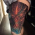 Illustrative style colored thigh tattoo of fantasy devil