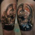 Illustrative style colored thigh tattoo of bold man with classic car