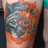 Illustrative style colored thigh tattoo of big dog head