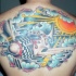 Illustrative style colored whole back tattoo of WW2 fighter plane