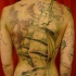 Illustrative style colored whole back tattoo of big sailing ship