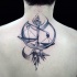 Illustrative style detailed upper back tattoo of libra with original ornament