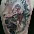 Impressive creepy looking colored thigh tattoo of bloody wolf in sheep skin
