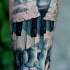 Impressive realism style colored piano key with playing hand tattoo on forearm