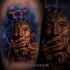 Incredible colored thigh tattoo of smoking old man