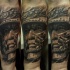 japanese style black ink forearm tattoo of samurai with helmet