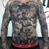 Large very detailed chest and belly tattoo of mystical woman with snake and skull