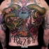 Large whole back tattoo of bloody sand clock with lettering, rose and snake