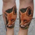 Life like amazing looking colored leg tattoo of sweet fox head