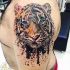 Tatuaje realista de aspecto parecido al hombro del retrato de un tigre con figuras geométricas