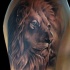 Hermoso tatuaje de hombro pintado realista de retrato de león constante