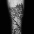 Lifelike black ink shoulder tattoo of old electricity line tower with road