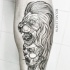 Line work style leg muscle tattoo of lion and woman stylized with ornaments