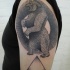 Linework style black ink shoulder tattoo fo big bear and triangle