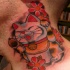 Little cartoon style neck tattoo of maneki neko japanese lucky cat with beautiful flowers