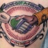 Little colored cartoon heroes hand shake tattoo with lettering