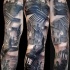 Marvelous very detailed black and white night antic London tattoo on sleeve