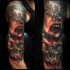 Marvelous very detailed sleeve tattoo of vampire woman with mask and skull