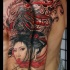 Massive amazing colored half sleeve tattoo of Asian geisha and fantasy dragon