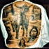 Tatuaje en la espalda, varios personajes indios detallados
