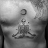 Tatuaje de pecho de tinta negra de tamaño medio del esqueleto meditando con luna