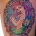 Mermaid Ariel, Sebastian and Flounder traditionally colored framed cartoon tattoo