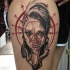 Mexican native multicolored thigh tattoo of mystical woman portrait