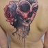 Tatuaje en la espalda, santa muerte abstracta de máscara telaraña y rosa