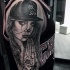 Mexican traditional style big woman portrait tattoo on shoulder
