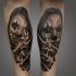Mexican traditional style black and white forearm tattoo of clown woman with happy and sad masks