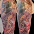 Modern Asian cartoon style colored big shoulder tattoo of geisha in beautiful dress