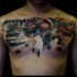 Modern military style colored chest tattoo with gas mask, planes and lettering