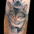 Tatuagem de braço colorido estilo moderno de gato pintado bonito com casinha