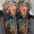 Modern style colored shoulder tattoo of beautiful woman with space