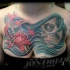Modern style multicolored chest tattoo of mystical woman with blue hair and corrupted pink flower