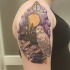 Modernes im traditionellen Stil farbiges Harry Potter Film Tattoo auf der Schulter mit Schriftzug