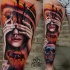 Modern traditional style colored leg tattoo of woman with human skull and ant