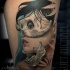 Modern traditional style colored thigh tattoo of woman in bone mask