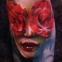 Modern traditional style colored woman face tattoo combined with roses