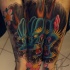 Multicolored mystical Asian oriental style Hanya tattoo with pink blossoms on leg