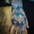 Mystical colored hand tattoo of human eye in triangle